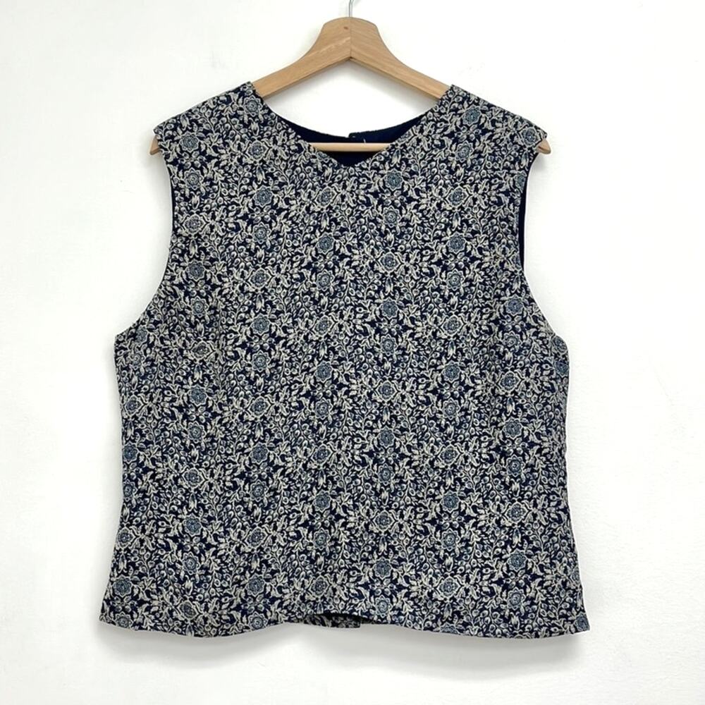 Vintage Floral 100% Silk Button-Back Sleeveless Blouse Cottage Feminine Size 14